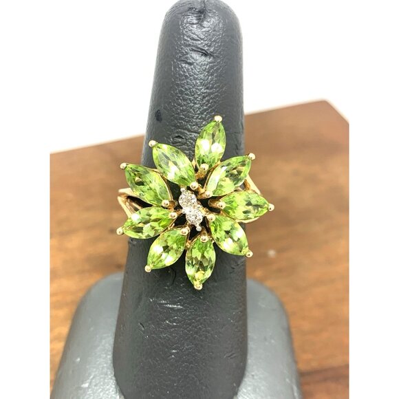 Green Gemstone Diamond Floral Cocktail Ring 14k Yellow Gold Womens Estate Size 7 - Picture 7 of 15